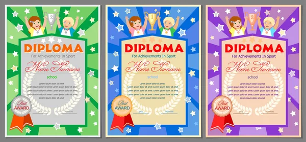 Çocuk spor diploma veya sertifika için bir kız ve bir oğlan, kupa ve madalya (altın, gümüş ve bronz 1, 2 ve 3 basamakla)
