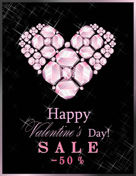Продажа Днем Святого Валентина Сердцем Драгоценных Розовых Камней Черном Фоне — стоковый вектор