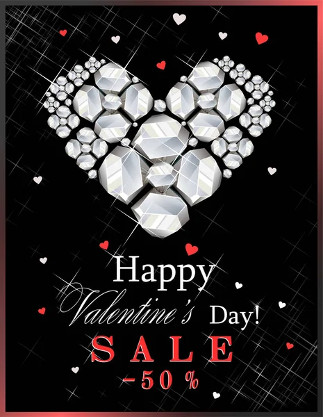 Venta Feliz Día San Valentín Con Corazón Piedras Blancas Preciosas — Vector de stock