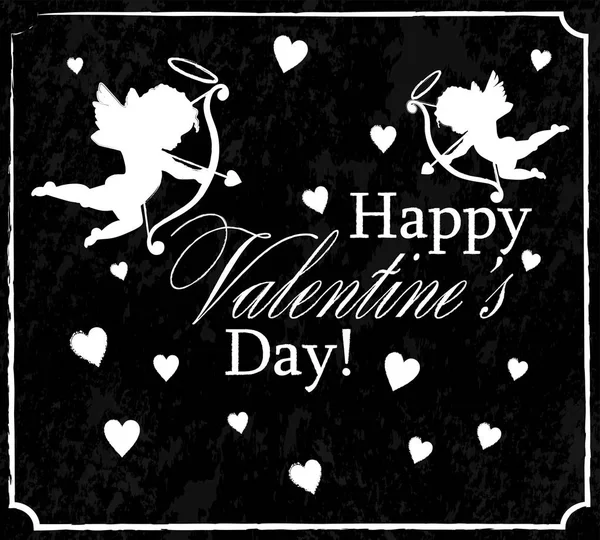 Greetings Valentine Day White Cupids Hearts Black Background Vintage Style — Stock Vector