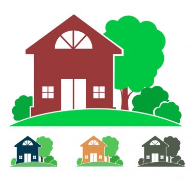 Yazlık ile ağaçlar ve çalılar (logo, işaret, simge, amblem), ülke ev görüntü renkli ve tek renkli