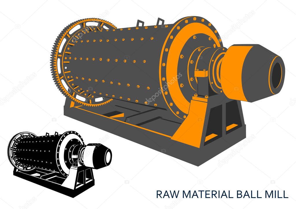 raw material ball mill (isolated color yellow-black and monochrome graphic, 3\4 in perspective)