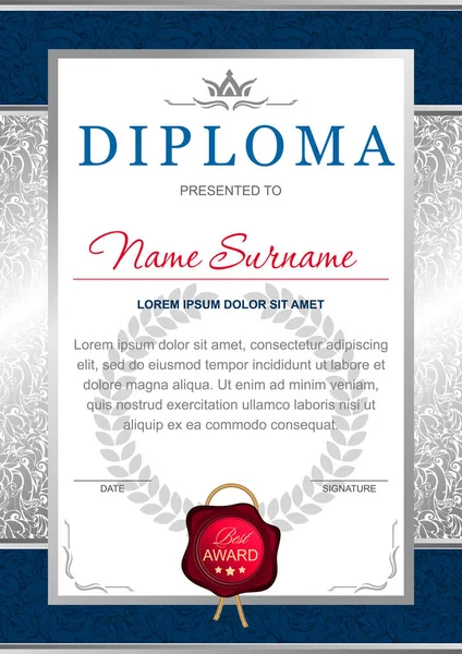 Diploma Stile Ufficiale Solenne Royal Nei Colori Blu Argento Con — Vettoriale Stock