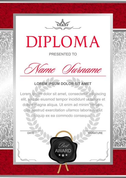 Diploma Estilo Oficial Solene Real Cores Vermelhas Prateadas Com Imagem —  Vetores de Stock
