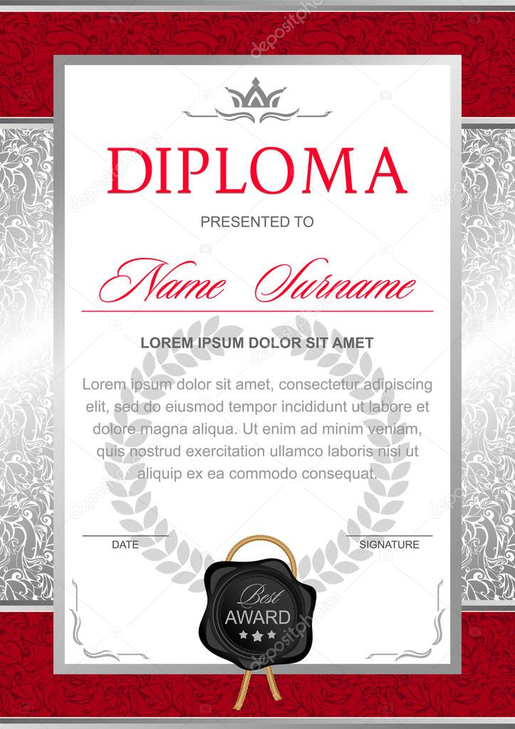 diploma in the official, solemn, Royal style in red and silver colors, with the image of the crown and black wax seal