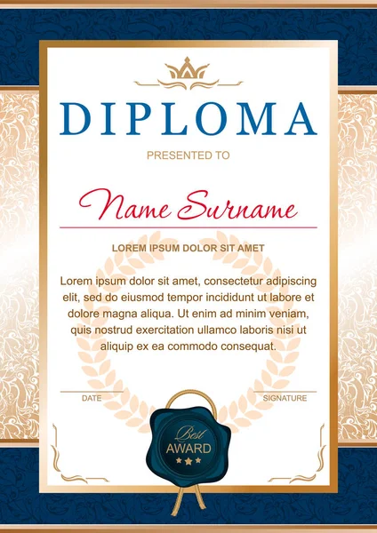 Diploma Stile Ufficiale Solenne Chic Royal Nei Colori Blu Oro — Vettoriale Stock