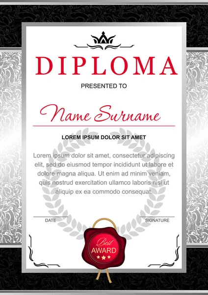 Diploma Stile Ufficiale Solenne Chic Royal Nei Colori Nero Argento — Vettoriale Stock