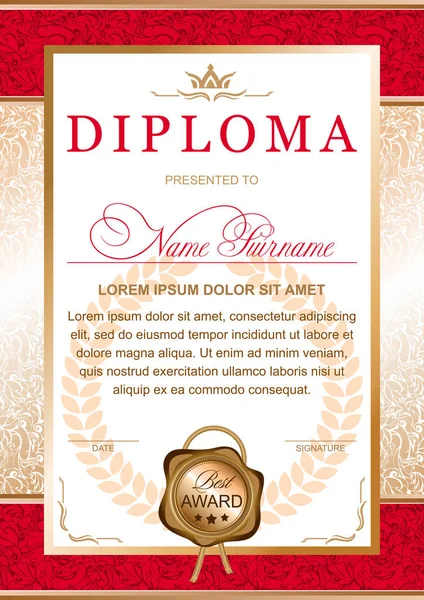 Diploma Stile Ufficiale Solenne Chic Royal Nei Colori Rosso Oro — Vettoriale Stock