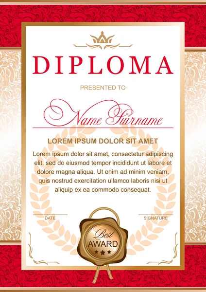 Kırmızı ve altın renkleri, taç ve altın mum mühür görüntü ile resmi, ciddi, şık, Royal tarzda diploması