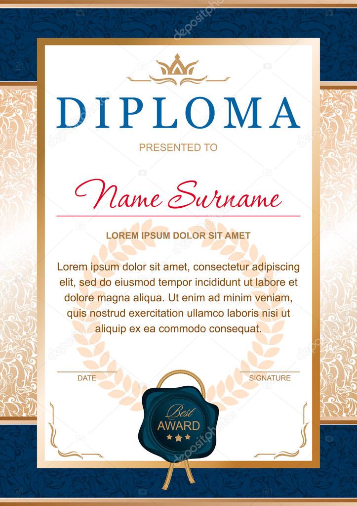 diploma in the official, solemn, chic, Royal style in blue and gold colors, with the image of the crown, and blue wax seal