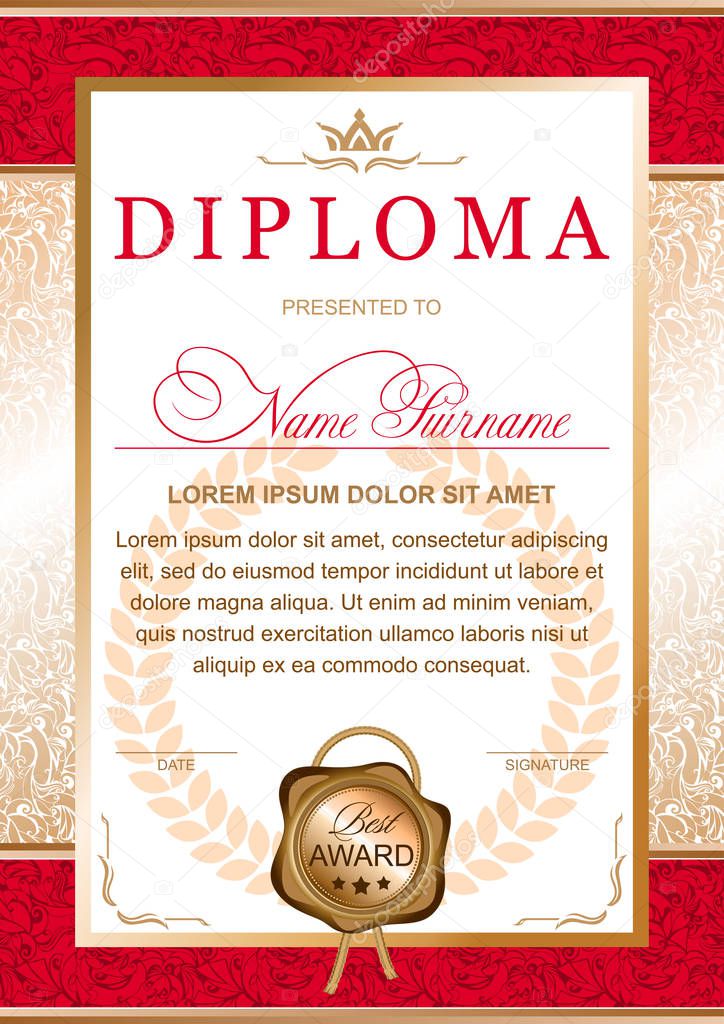 Diploma in the official, solemn, chic, Royal style in red and gold colors, with the image of the crown and gold wax seal