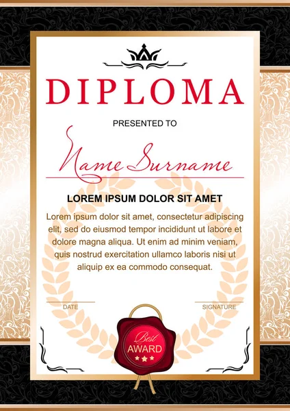 Diploma Estilo Oficial Solene Chique Royal Cores Preto Ouro Com —  Vetores de Stock