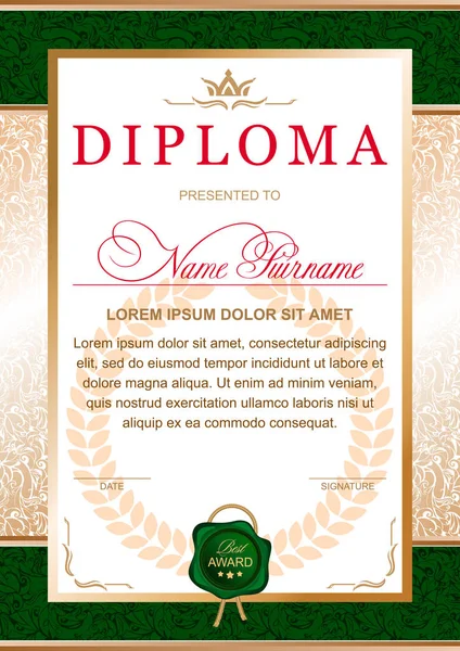 Diploma Stile Ufficiale Solenne Chic Royal Nei Colori Verde Oro — Vettoriale Stock