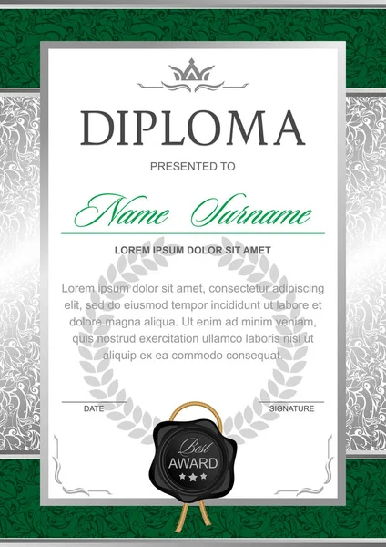 Diploma Stile Ufficiale Solenne Chic Royal Nei Colori Verde Argento — Vettoriale Stock