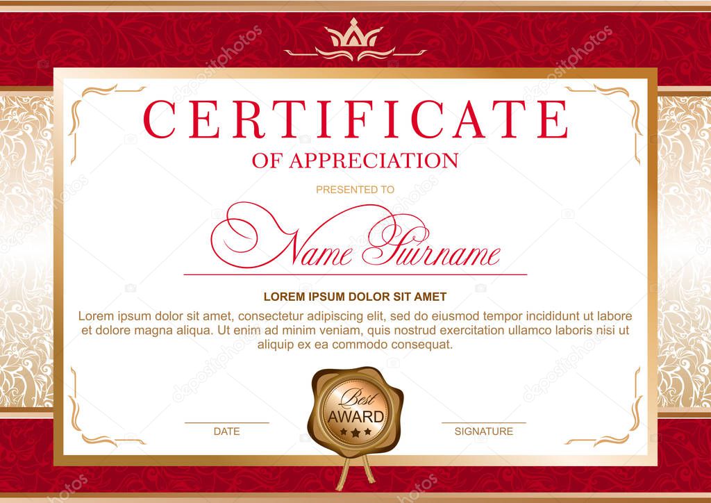 Certificate in the official, solemn, elegant, Royal style in red and gold tones, with the image of the crown and gold wax seal (horizontal format)