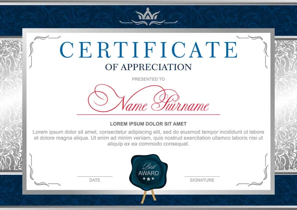 Сертифікат Офіційному Урочистому Елегантному Королівському Стилі Синьо Сріблястих Тонах Зображенням — стоковий вектор