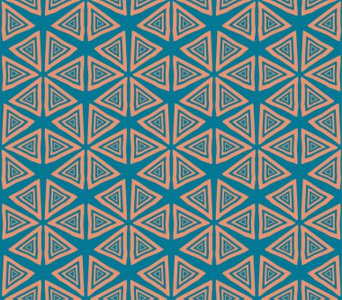 sorunsuz doku hendmeyd doğrusal üçgenler çiçekler ve soketler, şekillendirme tarzında yanılsama etkisi. (turuncu-mavi)