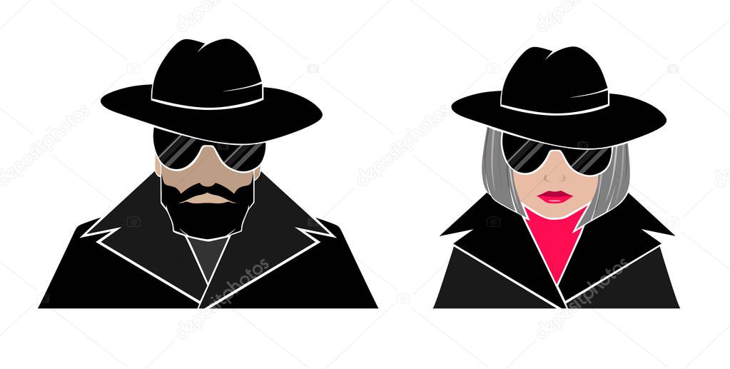 Hidden avatar anonymous-man and woman in black, glasses, hats, Cape with raised collar