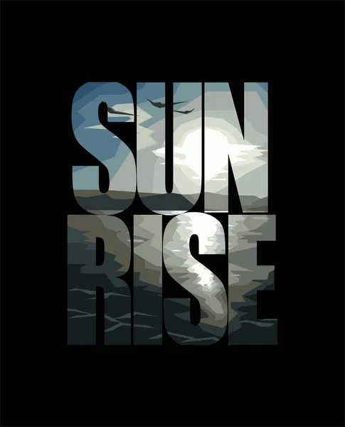 Sunrise Izolované Slovo Znázorňující Vycházející Slunce Nad Horami Jezerem Ptáky — Stockový vektor