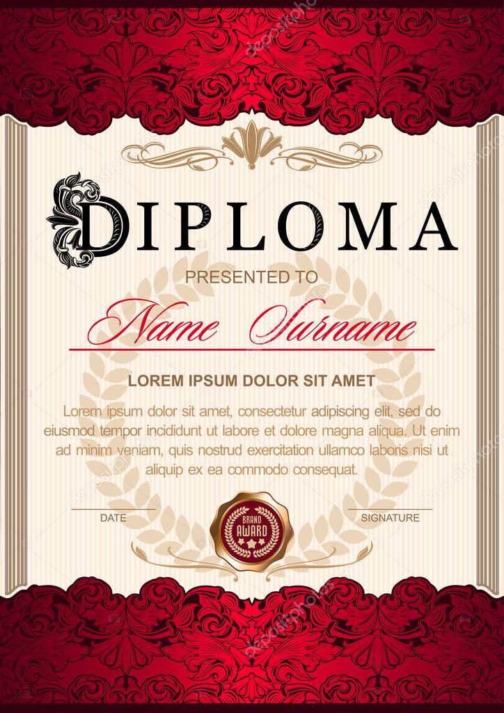 diploma is vertical in the style of vintage, rococo, baroque. Decorated with classic floral ornamentation, columns, flourish and Ornamented capital letter D. Bordeaux red and gold color scale