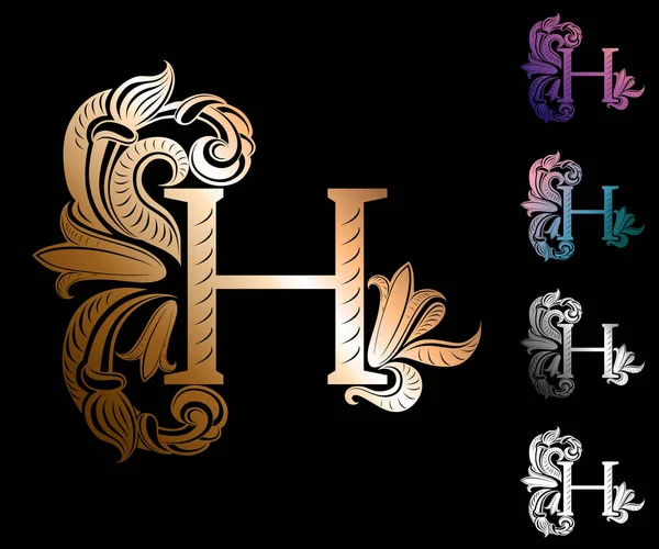 Буква Украшенная Винтажными Элегантными Цветами Листьями Полосками Символ Знак Логотип — стоковый вектор