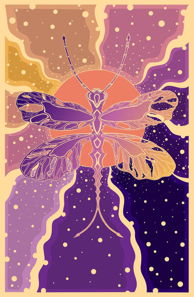 стрекоза на фоне солнечных лучей в фиолетовых и оранжевых тонах, декоративная иллюстрация, фрески, баннер, открытка, обои
