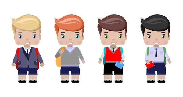 Jungen Verschiedenen Schuluniformen Mit Schulrucksack Tagebuch Lächeln Erstklässler Cartoon Stil — Stockvektor