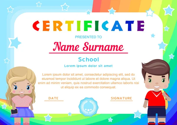 Certificado Con Una Chica Niño Arco Iris Cielo Las Estrellas — Archivo Imágenes Vectoriales