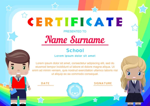 Certifikát Malou Dívku Chlapce Studentů Školní Uniformě Duhy Oblohy Hvězd — Stockový vektor