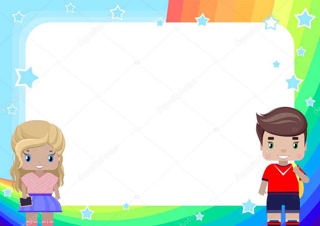 frame with girl and boy, rainbow, sky and stars in cartoon style (background for baby announcements, photo, diploma, certificate, certificate, coupon)