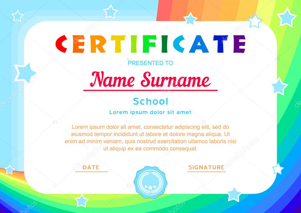 certificate with a rainbow,the sky and stars in a cartoon style(background for baby announcements diploma, certificate, certificate, coupon)