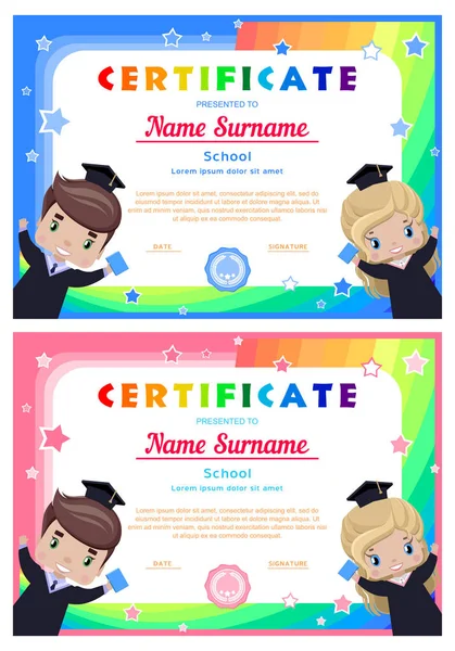 Certificado Con Graduados Felices Niña Niño Vestidos Graduación Sombreros Arco — Vector de stock