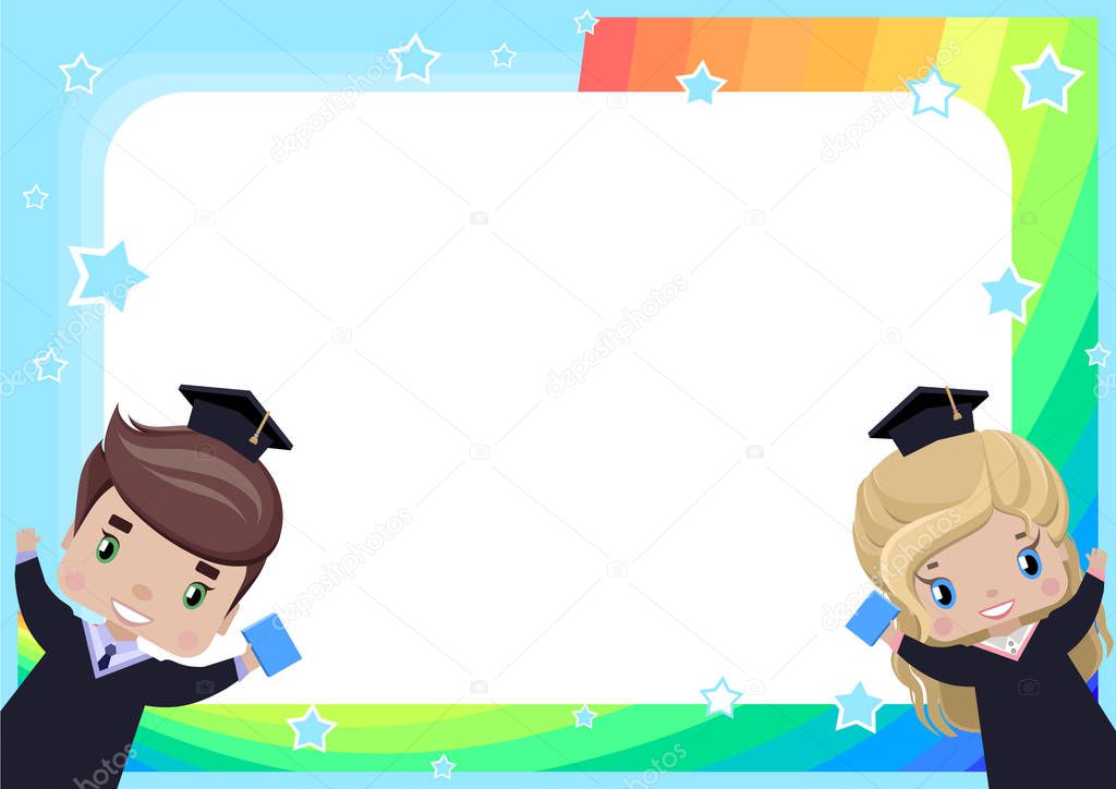 frame with a girl and a boy graduates in graduation gowns and hats, rainbow, sky and stars in cartoon style (background for children's ads, photos, diploma, certificate, certificate, coupon)