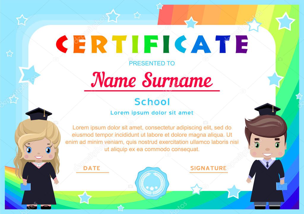 certificate with happy graduates, girl and boy in graduation dresses and hats, rainbow, sky and stars in cartoon style (background for baby announcements, photo, diploma, coupon)
