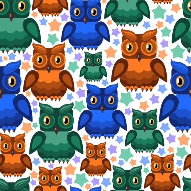 Baykuşlar farklı renkler ve beyaz arka plan (kesintisiz doku üzerinde yıldız)