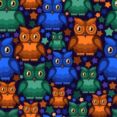 Baykuşlar farklı renkler ve karanlık gece arka plan (kesintisiz doku üzerinde yıldız)