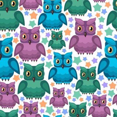 Baykuşlar farklı renkler ve beyaz arka plan (kesintisiz doku üzerinde yıldız)