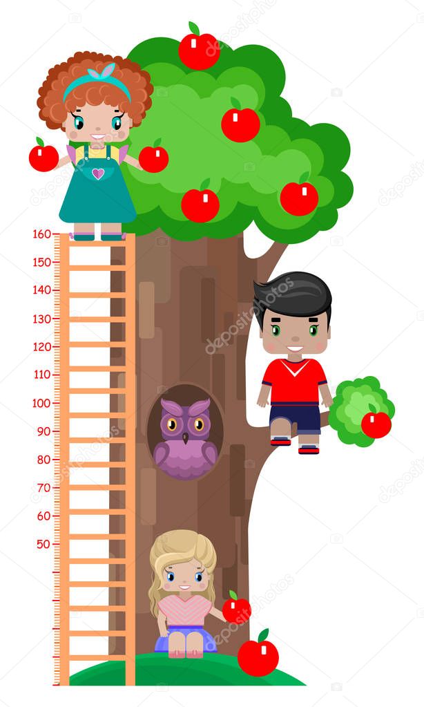 growth meter for children, with an Apple tree, an owl in a hollow, and children, a boy and two girls under a tree and on a tree of different growth(as children grow, measure your growth)