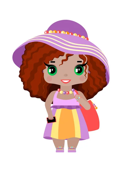 Little Girl Green Eyes Wavy Red Hair Lilac Beach Outfit — Stock Vector