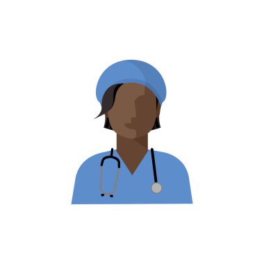 Vektör doktor ikonu. Steteskoplu, mavi üniformalı bir kadın doktor görüntüsü. Ayrı renkler, düz stil bir doktorun avatarı.