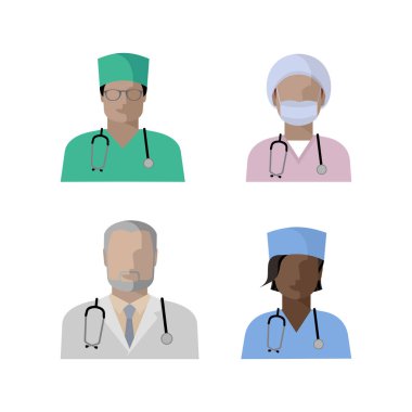 Bir takım renkli tıbbi ikonlar. Görseller doktor ve hemşireler. vektör illüstrasyonu