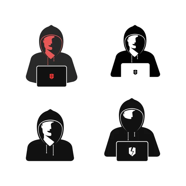 Hackers Set Vector Illustrations Icons Emblems Hidden Hooded Masked Man — Stock Vector