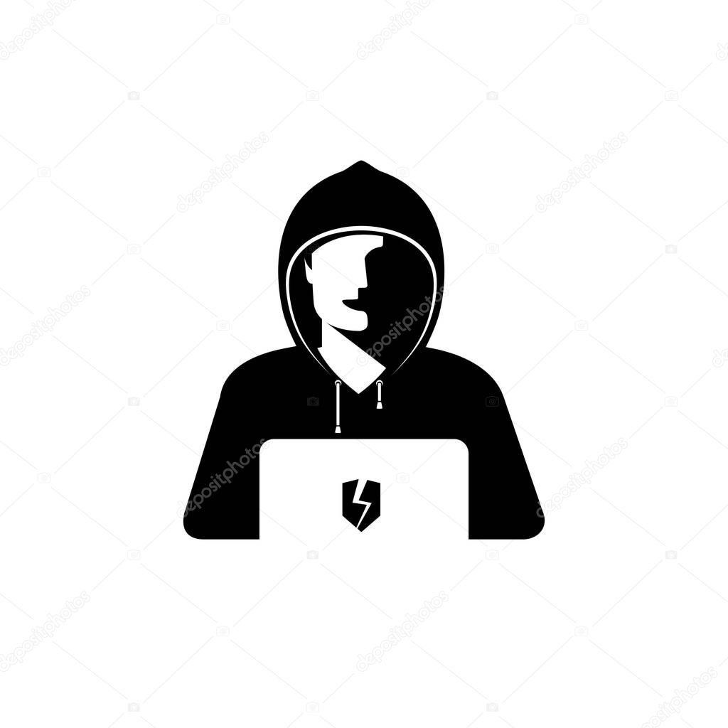 Hacker, vector illustration, icon, emblem. Hidden, hooded, masked man hacks into computer's security system