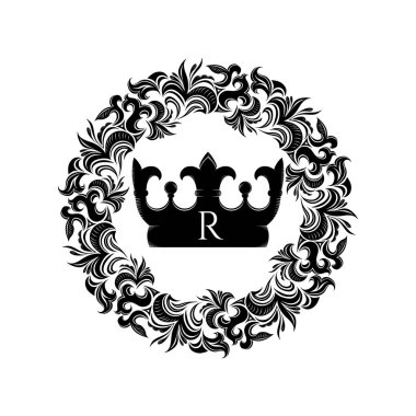 Viktorya dönemi tarzında, şam çiçekli yuvarlak bir taç. Premium, kraliyet, lüks illüstrasyon. Dekor dekorasyonu, davetiye, kart, logo, imza, etiket, rozet, dövme sınırı. Vektör illüstrasyonu