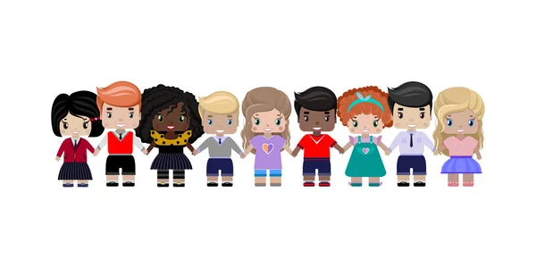 Des Enfants Heureux Différentes Races Couleurs Tiennent Main Sourient Illustration — Image vectorielle