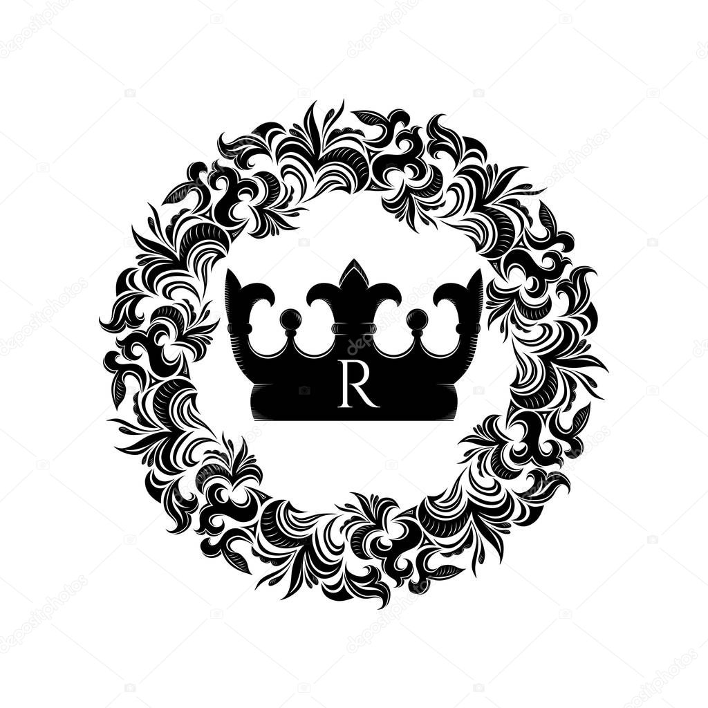 Crown in round floral vintage frame in Victorian style, damascus. Premium, royal, luxury illustration. Ornate decor, border for invitation, card, logo, sign, label, badge, tatoo. Vector illustration