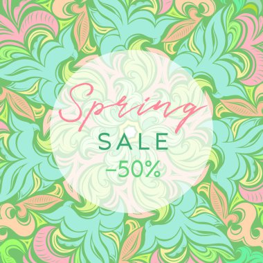 Bahar indirimi, çiçekli dekoratif süsler, zarif renklerde stilize edilmiş bitkiler. Kart, reklam, kapak, satış, reklam, broşür, afiş, broşür, broşür, broşür, broşür, hediye kuponu, sertifika için şablon