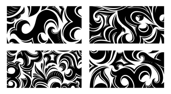 Set of decorative abstract background with floral, tribal elements in damask, Gothic, Baroque style, business card template, packaging, cover, plastic card, flyer. Black and white vector illustration
