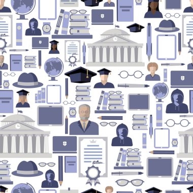 Öğrenciler, Profesör, diploma, aletler, kitaplar, dünya, kırtasiye malzemeleri, mezuniyet şapkası. Vektör illüstrasyonu