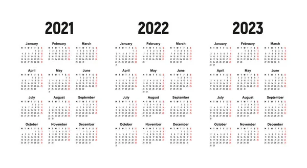Takvim 2021, 2022 ve 2023, hafta pazartesi başlıyor, temel iş şablonu. vektör illüstrasyonu